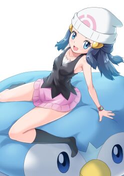 Rule 34 | armpits, beanie, black socks, blue eyes, blue hair, dawn (pokemon), gen 4 pokemon, hat, highres, long hair, miniskirt, nintendo, ossannoa, piplup, poke ball symbol, pokemon, pokemon dppt, poketch, simple background, skirt, socks, watch, wristwatch