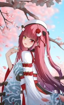 0_albusart 1girl :d beret blue_sky blunt_bangs blurry blurry_background cherry_blossoms commentary day falling_petals gradient_hair hand_up hat heterochromia highres hololive houshou_marine houshou_marine_(11th_costume) japanese_clothes kimono long_hair looking_at_viewer multicolored_hair official_alternate_costume one_side_up open_mouth outdoors petals print_kimono purple_hair red_eyes red_hair sky smile solo symbol-only_commentary teeth upper_teeth_only very_long_hair virtual_youtuber white_hat white_kimono wide_sleeves yellow_eyes