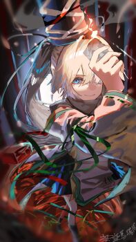 1girl black_boots blue_hat blue_skirt boots chayo_bababa closed_mouth commentary_request fire full_body grey_hair hat highres holding japanese_clothes kariginu long_hair long_sleeves mononobe_no_futo ponytail ribbon-trimmed_sleeves ribbon_trim skirt smile solo tate_eboshi touhou wide_sleeves