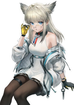 1girl absurdres arknights arknights:_endfield bare_shoulders bbgg_(pixiv_77795272) black_gloves black_pantyhose blue_eyes bright_pupils chinese_commentary clothes_writing collarbone commentary_request dress endfield_industries_logo glasses gloves grey_hair highres invisible_chair jacket long_hair looking_at_viewer off_shoulder pantyhose parted_lips perlica_(arknights) round_eyewear short_dress simple_background sitting sleeveless sleeveless_dress solo thigh_strap white_background white_dress white_jacket white_pupils yellow_gloves zipper