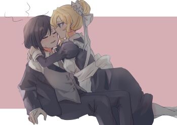 2girls apron arms_around_neck black_dress black_hair black_jacket black_pants blonde_hair blue_eyes blush claire_francois closed_eyes collared_shirt commentary dress grey_vest hair_bun hashtag-only_commentary highres ini_yoy jacket juliet_sleeves long_sleeves maid_apron multiple_girls pants parted_lips pink_background puffy_sleeves rae_taylor shirt two-tone_background vest watashi_no_oshi_wa_akuyaku_reijou white_background white_shirt yuri