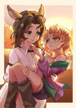 Rule 34 | 2girls, absurdres, animal ears, backlighting, blonde hair, blonney, blue shorts, border, caifeijiecai, carrying, carrying person, chinese commentary, closed eyes, commentary request, deer ears, deer girl, eye contact, feet out of frame, green eyes, green leg warmers, green sports bra, grin, hand up, highres, jacket, jessica (reverse:1999), leg warmers, looking at another, multiple girls, outside border, pink sky, princess carry, purple eyes, purple jacket, reverse:1999, shirt, shorts, sky, smile, sports bra, sweat, twilight, upper body, wavy mouth, white shirt, yellow border, yuri