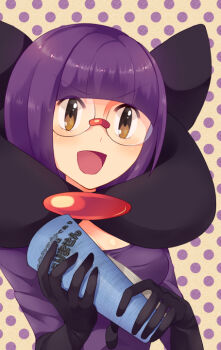 1girl blunt_bangs bob_cut breasts cleavage elbow_gloves fire glasses gloves low-cut medium_breasts nintendo open_mouth pohe pokemon pokemon_bw purple_eyes purple_fire purple_hair rimless_eyewear round_eyewear shauntal_(pokemon) short_hair solo upper_body v-shaped_eyebrows