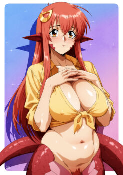 Rule 34 | 1990s (style), 1girl, belly, blush, border, bottomless, breasts, closed mouth, collarbone, covered erect nipples, crop top, crossed bangs, drop shadow, female focus, female pubic hair, gradient background, gravydood, groin, hair ornament, hands on own chest, hands up, happy, interlocked fingers, lamia, large breasts, long hair, looking at viewer, miia (monster musume), monster girl, monster musume no iru nichijou, navel, no bra, nose blush, orange eyes, outside border, own hands together, plump, pointy ears, pubic hair, purple background, red hair, red pubic hair, retro artstyle, scales, shiny skin, shirt, short sleeves, sidelocks, simple background, smile, solo, sparkle, split mouth, stomach, tied shirt, white border, yellow shirt