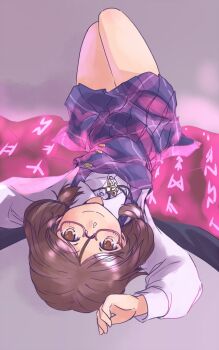 1girl arm_up breasts brown_eyes brown_hair buttons cape commentary_request full_body glowing_runes grey_background long_sleeves looking_at_viewer lying medium_hair on_back one-hour_drawing_challenge plaid_clothes plaid_skirt plaid_vest pleated_skirt purple_skirt purple_vest quimbaya_airplane rangycrow red-framed_eyewear red_cape shirt skirt small_breasts smile solo split_mouth thighs touhou twintails two-sided_cape two-sided_fabric usami_sumireko vest white_shirt