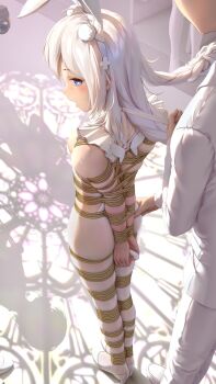 1boy 1girl arms_behind_back ass ass_grab azur_lane bdsm bondage bound collar controller hair_ornament heart heart-shaped_pupils high_heels highres himitsu_(hi_mi_tsu_2) le_malin_(azur_lane) le_malin_(listless_lapin)_(azur_lane) leash leash_pull looking_back pussy_juice rabbit_hair_ornament rope sex_toy slave standing sweat symbol-shaped_pupils vibrator