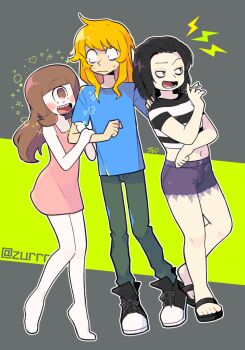 Rule 34 | 3girls, arm hug, bags under eyes, black hair, blonde hair, blue shirt, blush stickers, brown hair, cigarette, cyclops, dress, green pants, heart, holding, holding cigarette, long hair, midriff, monster girl, multiple girls, navel, nervous, one-eyed, original, pants, pink dress, sharp teeth, shirt, short sleeves, shorts, smoking, striped clothes, striped shirt, teeth, torn clothes, torn shorts, tsunoji