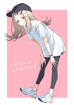 Rule 34 | 1girl, baseball cap, black hat, black pants, blonde hair, blush, border, closed mouth, colored eyelashes, commentary request, flipped hair, full body, gakuen idolmaster, hair ornament, hairclip, hands on own legs, hat, idolmaster, kousuke0912, leaning forward, long hair, looking at viewer, orange eyes, outside border, pants, parallel hairclips, parted bangs, pink background, shinosawa hiro, shirt, shoes, simple background, smile, sneakers, solo, split mouth, t-shirt, translation request, white border, white shirt, white shoes