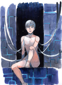 1boy 9s_(nier:automata) android blue_eyes cable commentary_request completely_nude full_body grey_hair highres joints kyo_okita male_focus nier:automata nier_(series) nipples nude parted_lips robot_joints short_hair sitting solo star_(sky) wide-eyed