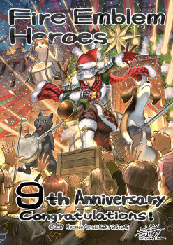 armor blowing_horn boots broom brown_pants cat cooking_pot crate dog drumsticks fire_emblem fire_emblem:_three_houses fire_emblem_heroes frying_pan fur-trimmed_boots fur_trim garreg_mach_monastery_uniform gatekeeper_(fire_emblem) gatekeeper_(midwinter_toll)_(fire_emblem) gauntlets gloves green_tunic hat helmet highres holding holding_broom holding_cooking_pot holding_drumsticks holding_frying_pan holding_instrument horn_(instrument) instrument izuka_daisuke multiple_boys multiple_girls music nintendo official_alternate_costume official_art pants playing_instrument red_hat red_scarf santa_hat scarf star_(symbol) tunic white_boots