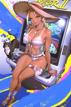 1girl absurdres animal arcade_cabinet arm_support artist_name bangle bare_shoulders bead_bracelet beads belt bikini bikini_tan blonde_hair blue_eyes bracelet braid breasts buckle cammy_white capcom cat cleavage closed_mouth colorful_background commentary copyright_name dark-skinned_female dark_skin english_commentary facial_scar feet front-tie_bikini_top front-tie_top hat highleg highleg_bikini highres jewelry large_breasts long_hair looking_at_viewer low_twin_braids multiple_bracelets nail_polish navel necklace pendant pouch sandals scar scar_on_cheek scar_on_face side-tie_bikini_bottom sitting smile snap-fit_buckle solo straw_hat street_fighter street_fighter_6 sun_hat swimsuit tan tanline thigh_belt thigh_pouch thigh_strap toenail_polish toenails toes twin_braids very_long_hair white_belt white_bikini white_nails wuoarf