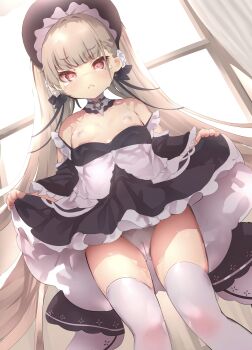 1girl absurdres azur_lane bare_shoulders black_dress blonde_hair bonnet breasts cameltoe clothes_lift comiket_107 commentary_request dress formidable_(azur_lane) highres indoors lifting_own_clothes little_formidable_(azur_lane) loli long_hair nipples panties red_eyes small_breasts solo thighhighs twintails two-tone_dress underwear ushiro_muki white_panties white_thighhighs