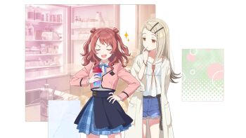 2girls blonde_hair bottle bracelet can carton closed_eyes coat collared_shirt egg gakuen_idolmaster game_cg hair_ornament hairclip hanami_saki hand_on_own_hip high-waist_skirt highres holding idolmaster jacket jewelry layered_skirt multiple_girls neck_ribbon official_art open_mouth orange_eyes refrigerator ribbon rope_belt shinosawa_hiro shirt short_shorts shorts skirt twintails