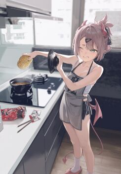 1girl absurdres apron bare_arms bare_shoulders black_shorts blue_eyes brown_hair collarbone cooking crop_top demon_girl demon_horns demon_tail demon_wings food grey_apron highres holding holding_food horns indie_virtual_youtuber kitchen low_wings midori_fufu midori_fufu_(vtuber) midriff shirt short_hair short_shorts shorts sleeveless sleeveless_shirt socks solo standing tail thick_eyebrows thighs virtual_youtuber white_shirt white_socks wings
