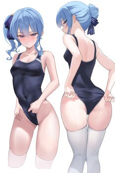 1girl absurdres adjusting_clothes adjusting_swimsuit ass black_one-piece_swimsuit blue_eyes blue_hair blush breasts commentary covered_navel fawny hair_bun highres hololive hoshimachi_suisei looking_at_viewer multiple_views one-piece_swimsuit revision side_ponytail simple_background small_breasts star_(symbol) star_in_eye swimsuit symbol_in_eye thighhighs virtual_youtuber white_background white_thighhighs