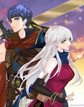 1boy 1girl bare_shoulders belt bird black_gloves blue_eyes blue_hair blue_scarf bracelet breasts cape closed_mouth dress elbow_gloves fingerless_gloves fire_emblem fire_emblem:_path_of_radiance fire_emblem:_radiant_dawn gloves green_headband grey_hair hair_ribbon headband helen_(helen2210hk) highres holding holding_sword holding_weapon ike_(fire_emblem) jewelry long_hair micaiah_(fire_emblem) nintendo open_mouth over_shoulder ragnell red_cape ribbon scarf short_hair sleeveless sleeveless_dress sword tunic weapon white_hair yellow_eyes yune_(fire_emblem)