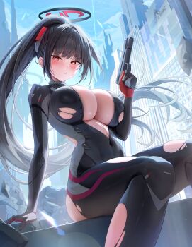 1girl absurdres black_bodysuit black_hair blue_archive blush bodysuit breasts building commentary gun hair_ornament halo high_ponytail highres large_breasts long_hair looking_at_viewer official_alternate_costume ponytail rable red_eyes rio_(armed)_(blue_archive) rio_(blue_archive) sidelocks sitting skyscraper solo thighs torn_clothes weapon