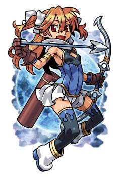 Rule 34 | 1girl, ankle boots, armlet, arrow (projectile), artemis phoebus, blue shirt, boots, bow (weapon), breasts, brown gloves, cleavage cutout, clothing cutout, gloves, gold trim, hair between eyes, hair ribbon, harakawa mitsuhiro, holding, holding arrow, holding bow (weapon), holding weapon, jewelry, long hair, official art, open mouth, orange hair, red eyes, ribbon, shinrabanshou, shirt, skirt, sleeveless, sleeveless shirt, small breasts, solo, third-party source, transparent background, two side up, weapon, white boots, white ribbon, white skirt