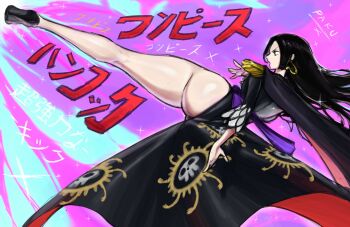 1girl ass black_cape black_hair boa_hancock cape earrings frilled_sleeves frills high_heels huge_ass japanese_text jewelry kicking leg_up long_hair long_sleeves no_panties one_piece paku_(paku47610839561) sarong sidelocks snake_earrings thick_thighs thighs translation_request
