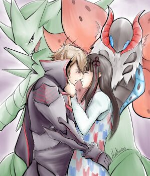 10s 1boy 1girl absurdres character_request code_vein crossover gen_2_pokemon gen_5_pokemon hetero highres nintendo persona persona_5 pokemon pokemon_(creature) protagonist_(code_vein) tougou_hifumi tyranitar volcarona