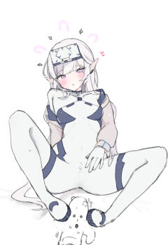 1girl battlesuit blue_archive blush breasts commentary_request gloves halo head-mounted_display highres himari_(armed)_(blue_archive) himari_(blue_archive) kotatuneko15 long_hair looking_at_viewer pink_eyes pink_halo pointy_ears pussy sex_toy simple_background sitting small_breasts white_background white_hair