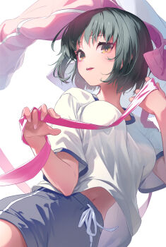 Rule 34 | 1girl, black hair, black shorts, blush, bouncing breasts, breasts, brown hair, colorized, cover, cover page, female focus, highres, holding, holding ribbon, jacket, large breasts, long sleeves, looking at viewer, medium hair, midriff, navel, nilitsu, no bra, novel illustration, official art, open mouth, pink jacket, pink ribbon, ribbon, sexually suggestive, shirt, short hair, shorts, simple background, solo, solo focus, stomach, takitsubo rikou, teeth, textless version, toaru anbu no item, toaru majutsu no index, upper teeth only, white background, white shirt