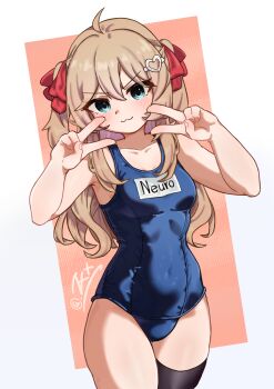 1girl :3 ahoge alternate_costume black_thighhighs blue_eyes blue_one-piece_swimsuit breasts character_name closed_mouth collarbone commentary_request cowboy_shot double_v hair_between_eyes hair_ornament hair_ribbon hands_up heart heart_hair_ornament highres long_hair looking_at_viewer neuro-sama one-piece_swimsuit poq_(user_mrfj4527) red_ribbon ribbon school_swimsuit signature single_thighhigh small_breasts solo swimsuit thighhighs two_side_up v vedal_ai virtual_youtuber