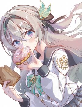 1girl absurdres bag black_hairband blue_pupils bow bowtie buttons commentary_request donut double-breasted dutch_angle eating firefly_(honkai:_star_rail) firefly_(spring_missive)_(honkai:_star_rail) floating_hair food grey_hair grey_sailor_collar grey_skirt hair_between_eyes hair_ornament hairband hands_up highres holding holding_bag holding_donut holding_food honkai:_star_rail honkai_(series) light_blush long_hair long_sleeves looking_at_viewer official_alternate_costume paper_bag plaid_bow plaid_bowtie plaid_clothes plaid_skirt puchitoro2 purple_eyes sailor_collar school_uniform serafuku shirt simple_background skirt solo upper_body white_background white_shirt