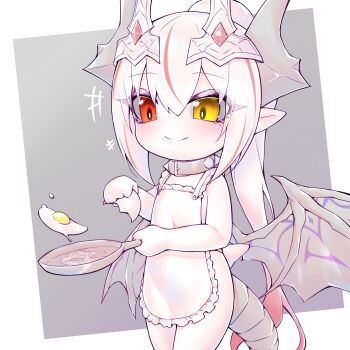 1girl apron besna_(oc) chinese_commentary commentary_request egg heterochromia horns kupa_(jesterwii) long_hair mole mole_under_eye naked_apron original paid_reward_available red_eyes smile solo suspicious_egg_dish tail wings