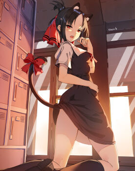 1girl :o absurdres animal_ears artist_name black_dress black_hair black_hairband black_socks bow cat_ears cat_tail commentary_request door dress fake_animal_ears feet_out_of_frame folded_ponytail from_behind getabako hair_bow hair_ribbon hairband hand_on_own_hip hand_up highres huge_filesize indoors kaguya-sama_wa_kokurasetai_~tensai-tachi_no_renai_zunousen~ kneehighs kneeling kneepits looking_at_viewer looking_back open_mouth parted_bangs pinafore_dress red_bow red_eyes red_ribbon ribbon school_uniform shinomiya_kaguya shoe_soles short_hair short_sleeves shuuchiin_academy_school_uniform sleeveless_dress socks solo summer_uniform tail tail_bow tail_ornament thighs vierzeck