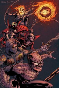 Rule 34 | 5boys, armor, bald, black hair, cape, chain, claws, crossover, dc comics, deadman, fire, ghost rider, glowing, glowing eyes, green eyes, haunt, image comics, jackie estacado, marvel, motor vehicle, motorcycle, multiple boys, skeleton, skull, spawn (comic), spawn (spawn), spikes, superhero costume, the darkness, the haunt