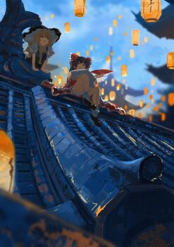 2girls absurdres architecture black_dress black_hat blonde_hair blurry bow brown_hair building commentary_request cup detached_sleeves dress east_asian_architecture frilled_bow frills gohei hair_bow hair_tubes hakurei_reimu hat highres holding holding_cup kirisame_marisa koukouya lantern long_hair loose_socks multiple_girls on_roof open_mouth outdoors paper_lantern puffy_short_sleeves puffy_sleeves red_bow rooftop sakazuki shoes short_sleeves sitting sky_lantern smile socks tile_roof touhou witch_hat yellow_eyes