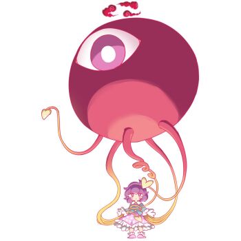 1girl alternate_size blue_shirt blush buttons cloud commentary_request full_body gigantamax_(other) hairband heart heart_button heart_print highres itatatata komeiji_satori looking_at_viewer nintendo parted_lips pink_eyes pink_skirt pink_slippers pokemon purple_hair shirt short_hair simple_background skirt slippers solo third_eye touhou white_background