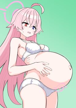 Rule 34 | 1girl, belly rub, blue archive, heterochromia, highres, hoshino (blue archive), long hair, orihei, pink hair, pregnancy halo, pregnant, pregnant loli, simple background, solo