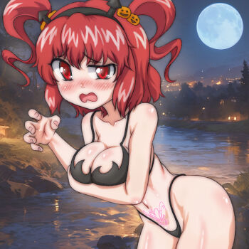 1girl arm_under_breasts bikini black_bikini blush breasts cleavage collarbone demon_costume demon_horns embarrassed fake_horns food-themed_hair_ornament full_moon grass hair_ornament halloween halloween_costume heart heart_tattoo highleg highleg_bikini horns jack-o'-lantern jack-o'-lantern_hair_ornament large_breasts leaning_forward looking_at_viewer moon navel night night_sky onozuka_komachi open_mouth pubic_tattoo pumpkin_hair_ornament raised_eyebrow red_eyes red_hair river rock short_hair sky standing stomach_tattoo swimsuit t_jiroo_(ringofriend) tattoo touhou tree twintails water