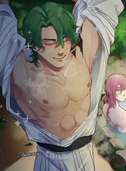 2boys arms_up artist_name bare_pectorals bazhuatako cherry_blossom_(sk8) closed_eyes facing_viewer green_hair highres joe_(sk8) looking_at_another male_focus multiple_boys onsen outdoors pectorals pink_hair ponytail same-sex_bathing shared_bathing shoulder_tattoo sk8_the_infinity smile sparkle stretching sweatdrop tattoo toned toned_male water