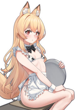 1girl animal_ears animal_print aningay apron bikini black_bow black_bowtie blonde_hair blush bow bowtie breasts commentary cow_print cow_print_bikini detached_collar english_commentary feet_out_of_frame fox_ears fox_girl fox_tail frilled_apron frills highres holding holding_tray long_hair looking_at_viewer micro_bikini original parted_lips print_bikini red_eyes ribbon side-tie_bikini_bottom simple_background sitting skindentation small_breasts solo swimsuit tail tray very_long_hair waist_apron white_apron white_background white_ribbon