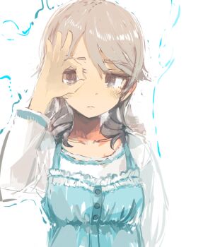 1girl blue_dress blush closed_mouth custom_(cus-tom) dress drill_hair grey_eyes grey_hair hair_between_eyes hair_flaps idolmaster idolmaster_cinderella_girls long_sleeves looking_at_viewer morikubo_nono ok_sign ok_sign_over_eye shirt simple_background solo upper_body white_shirt