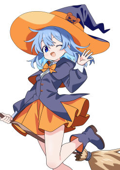 Rule 34 | 1girl, ;d, absurdres, black boots, black capelet, black jacket, blue eyes, blue hair, boots, bow, bowtie, broom, capelet, commentary request, foot out of frame, halloween, hat, highres, holding, holding broom, jacket, medium hair, one eye closed, open mouth, orange bow, orange bowtie, orange skirt, original, simple background, skirt, smile, solo, soramame (mvfn8342), two-tone headwear, waving, white background, witch, witch hat