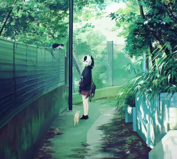 14yuruis 1girl absurdres animal backpack bag black_choker black_hair black_hoodie black_shoes black_wings blue_archive bright_pupils bush cat chain-link_fence choker closed_mouth dappled_sunlight demon_horns demon_wings ear_piercing fence hair_between_eyes halo hands_in_pockets high_ponytail highres hood hoodie horns kayoko_(blue_archive) long_sleeves looking_at_viewer looking_to_the_side low_wings medium_hair multicolored_hair multiple_cats no_socks outdoors piercing plaid_clothes plaid_skirt pleated_skirt ponytail red_eyes red_skirt road scenery shoes single_wing skirt sneakers solo standing sunlight tree two-tone_hair utility_pole white_hair white_halo white_pupils wide_shot wings zipper_pull_tab