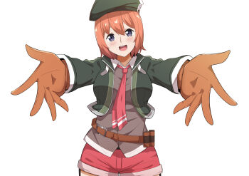 1girl absurdres ao_no_kiseki artist_request belt_pouch beret bob_cut commentary cropped_jacket double-parted_bangs eiyuu_densetsu english_commentary gloves green_hat hair_between_eyes hat highres incoming_hug long_sleeves noel_seeker open_mouth orange_gloves orange_hair outstretched_arms pouch pov purple_eyes short_hair shorts simple_background smile solo upper_body vest waistcoat white_background zero_no_kiseki