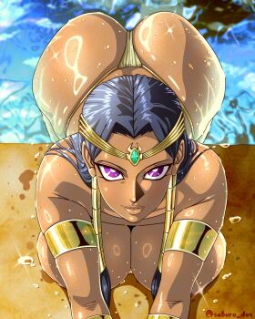1girl absurdres armlet artist_name ass bare_shoulders bikini black_hair breasts collarbone dark-skinned_female dark_skin egyptian female_focus hair_ornament highres ishizu_ishtar jewelry large_breasts lips long_hair looking_at_viewer poolside purple_eyes saburo_des swimsuit topless_female wet yu-gi-oh! yu-gi-oh!_duel_monsters
