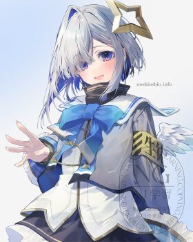 1girl :d aiguillette amane_kanata amane_kanata_(1st_costume) angel_wings armband black_skirt blue_bow blue_bowtie blue_hair bob_cut bow bowtie colored_inner_hair commentary cropped_jacket feathered_wings frilled_skirt frills grey_hair grey_jacket hair_over_one_eye halo highres hololive jacket long_sleeves looking_at_viewer mini_wings miniskirt multicolored_hair official_artist_extra open_mouth oshioshio pink_streaks purple_eyes sailor_collar shirt short_hair single_hair_intake skirt sleeve_cuffs smile solo star_halo streaked_hair symbol-only_commentary tilted_halo turtleneck virtual_youtuber watermark white_sailor_collar white_shirt white_wings wings