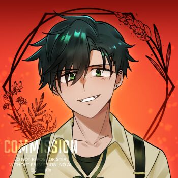 1boy black_hair commentary commission english_commentary green_eyes grin hair_between_eyes highres looking_at_viewer male_focus original parted_bangs portrait red_background ryuuxin shirt short_hair smile solo watermark yellow_shirt