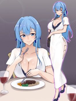 1girl alcohol bag blue_eyes blue_hair blush bra breasts cleavage closed_mouth clothing_cutout commentary cup dress drinking_glass eating english_commentary food full_body goddess_of_victory:_nikke hair_between_eyes handbag helm_(nikke) highres hip_vent large_breasts long_hair looking_at_viewer plate purple_bra purple_shoes shoes sitting smile solo steak underwear vialnite white_dress wine wine_glass
