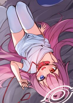 1girl animal_collar bed blue_archive blue_eyes blush collar halo heterochromia highres hoshino_(blue_archive) leash led_winter legs_together loli long_hair looking_at_viewer looking_up lying no_pants open_mouth pillow pink_hair pink_halo red_eyes shirt single_off_shoulder sweat thighhighs white_shirt white_thighhighs