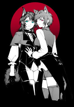 2girls absurdres amoris_(bang_dream!) animal_ears bang_dream! bang_dream!_it&#039;s_mygo!!!!! black_background blue_eyes capelet commentary gloves haoxiangkan_nutong highres kemonomimi_mode looking_at_viewer medium_hair monochrome multiple_girls puffy_sleeves shirt short_hair shorts smile spot_color standing tail thighhighs timoris_(bang_dream!) yahata_umiri yuutenji_nyamu