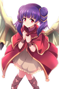 1girl blunt_bangs blush dragon_wings dress fire_emblem fire_emblem:_the_sacred_stones highres layered_dress looking_at_viewer minamonochaba myrrh_(fire_emblem) nintendo purple_hair red_dress red_eyes solo twintails white_background white_dress wings wrist_cuffs