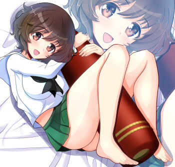 1girl akiyama_yukari barefoot bed_sheet black_neckerchief blouse brown_eyes brown_hair commentary_request girls_und_panzer green_skirt highres holding knees_up kumaisao long_sleeves looking_at_viewer lying messy_hair midriff_peek miniskirt neckerchief on_back ooarai_school_uniform open_mouth pleated_skirt sailor_collar school_uniform serafuku shirt short_hair skirt smile solo tank_shell white_sailor_collar white_shirt zoom_layer