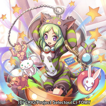 1girl animal_hood brown_hoodie brown_shorts cat_hood cat_tail copyright_logo copyright_notice gachapo_(wixoss) green_hair hokuyuu hood hoodie logo looking_at_viewer medium_hair official_art open_mouth purple_eyes shorts smile solo star_(symbol) tail wixoss